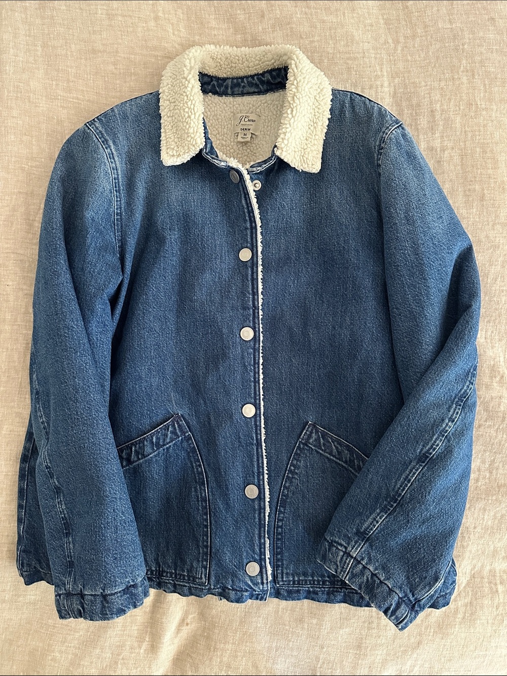 J.Crew Denim Sherpa Snap Button Quilted Sleeve Trucker Jean Jacket